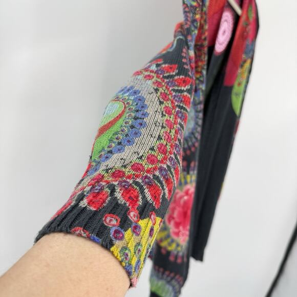 Desigual Wearable Art Open Cardigan Size Medium Gray Multi Floral Embellished - Picture 5 of 12